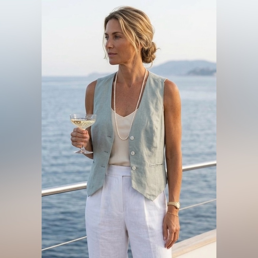 FLANNEL The Label Sage Green 100% Linen Button Front Vest Size 2 Medium